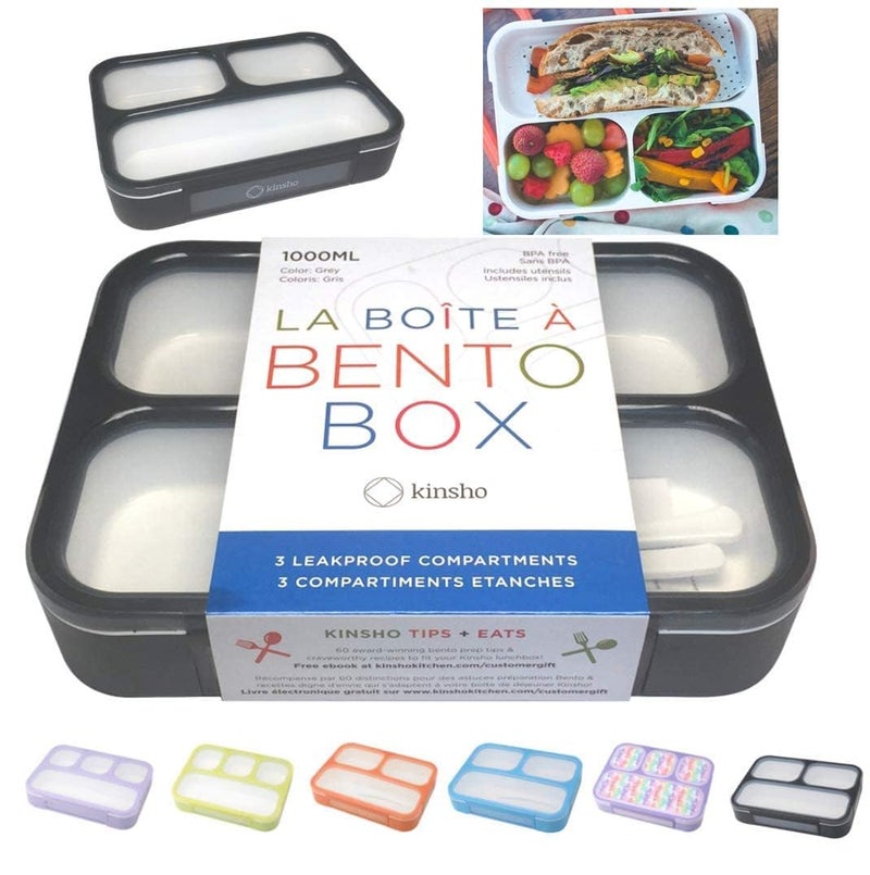 Bento Lunch Box For Adults Kids Leakproof Meal Prep Portion Control Boxes Japanese Style for Boys Teens 3 Compartment Slim Container For Work School Ecofriendly Divided Containers Grey Black