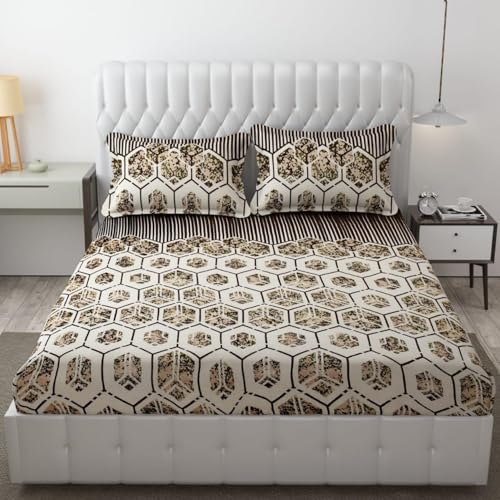 DECOREZA Super Warm Elastic Fitted Warm Flannel Bedsheet King Size Warm Velvet Bedsheet for Winter Double Bed | 2 Pillow Covers, Size - 72 x 78 Inches (Honey Bees) - Image 1