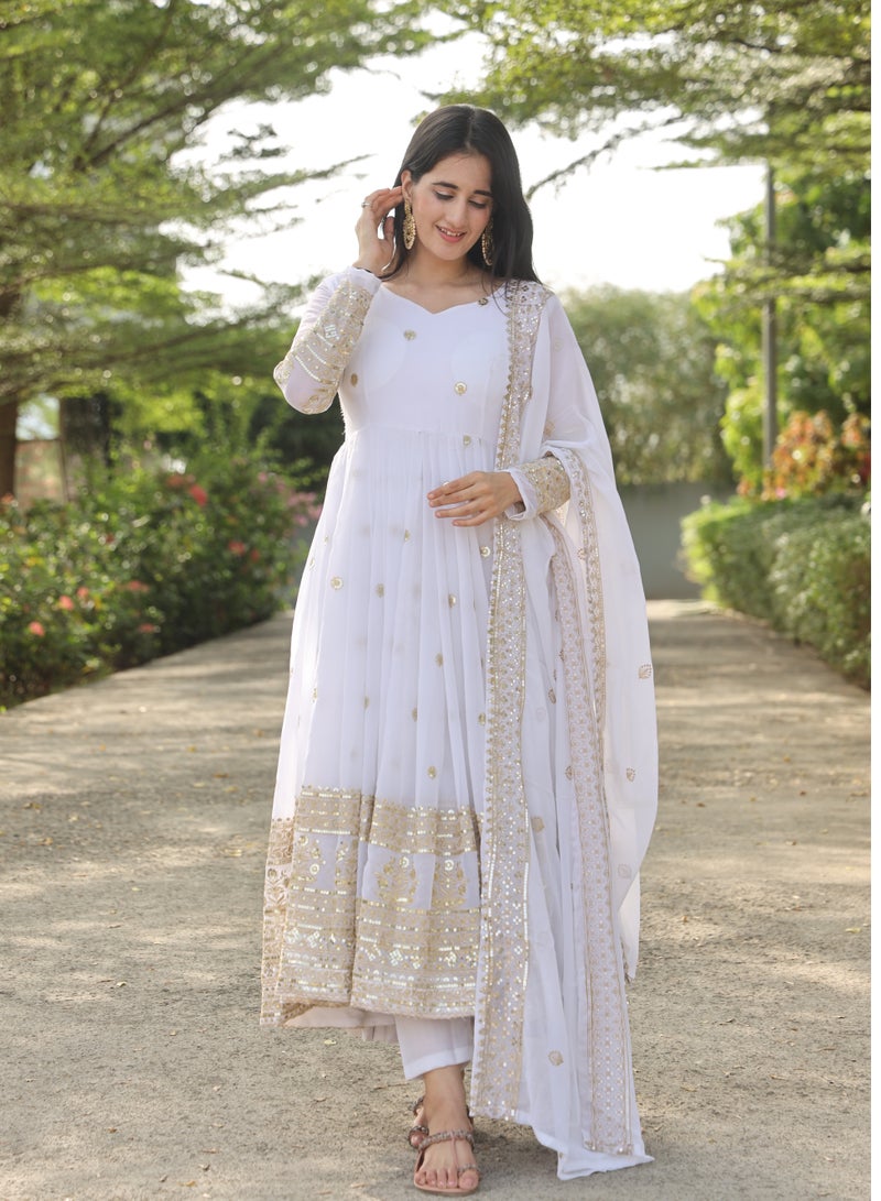 PREMIUM READYMADE WHITE ANARKALI SUIT SET [3 PIS]  - Image 1