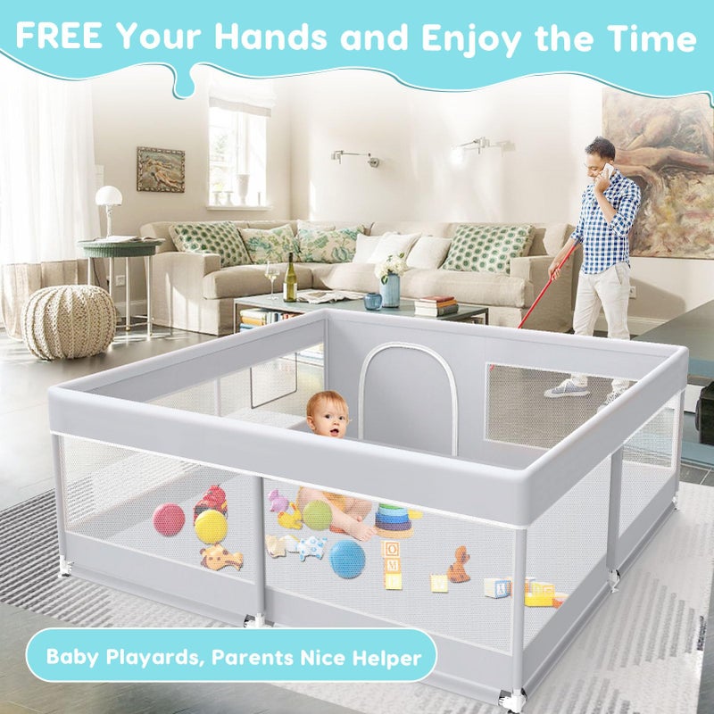 Fshibila Baby Playpen, 50x50 Inch Baby Playard for Babies and Toddlers, Play Pens for Indoor & Outdoor, Sturdy Safety Play Yard with Soft Breathable Mesh, Anti-Fall, Grey - Image 2