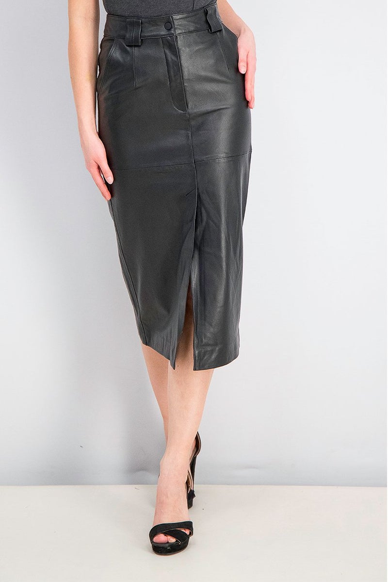 TOPSHOP Women Leather Midi Skirt, Black - Image 1