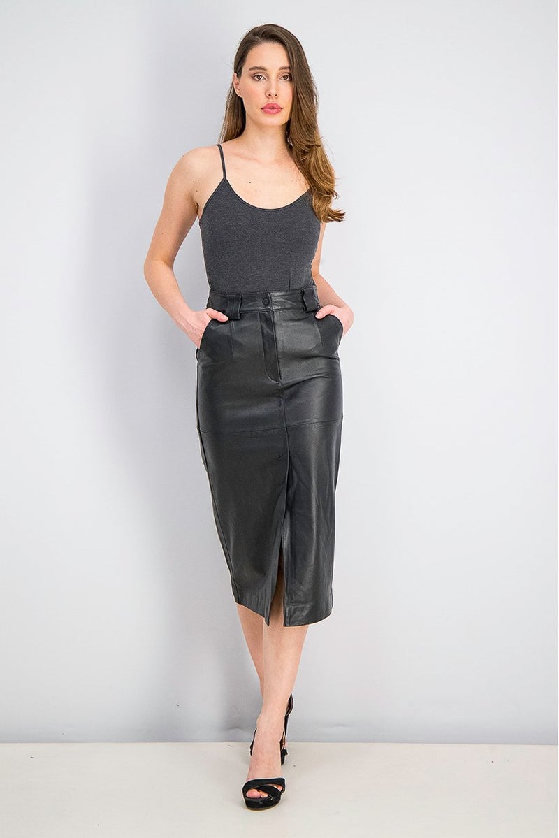 TOPSHOP Women Leather Midi Skirt, Black - Image 3