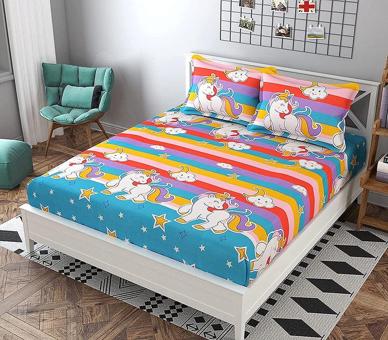 THE HOME STYLE Cotton Feel Glace Cotton King Size Printed Double Bed Kids Bedsheet with Two Pillow Cover_90x100 Inches (Pink, Unicorn) - Image 2