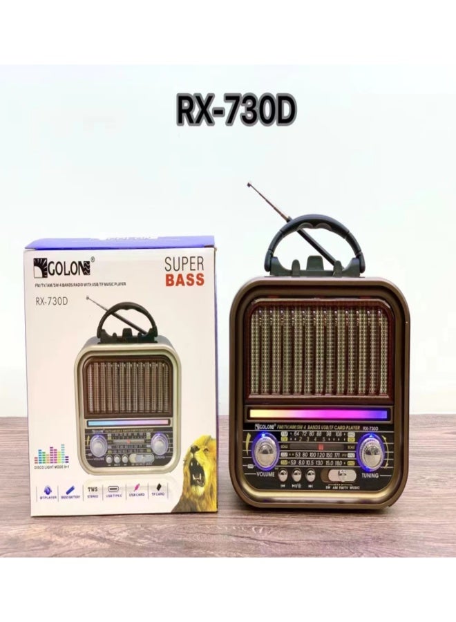 جولون مكبر صوت RX-730D بتصميم كلاسيكي، إضاءة ديسكو AM FM SW TV، 4 نطاقات صوت ستيريو، مكبر صوت راديو BT USB TF TWS، مكبر صوت FM كلاسيكي - Image 5