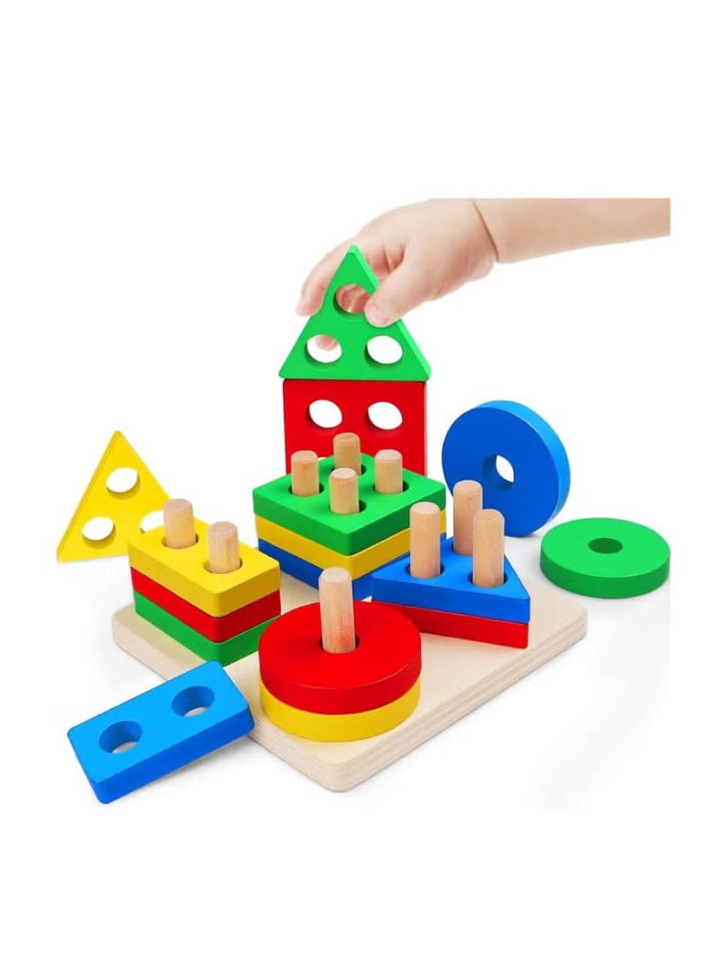 Wooden puzzle cubes with geometric shapes, Montessori, multi-colored sorting and classification toys