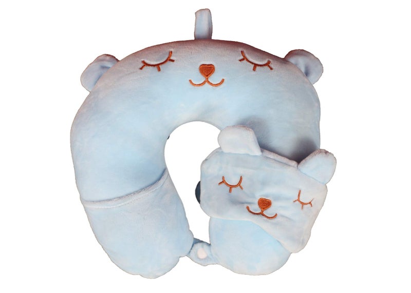 SKYLOFTS 100% Cotton Blue Neck Pillow for Boys Car, Train, Flight, Bus - Microfibre Travel Cushions with Sleeping Eye Mask- Kids - Image 4