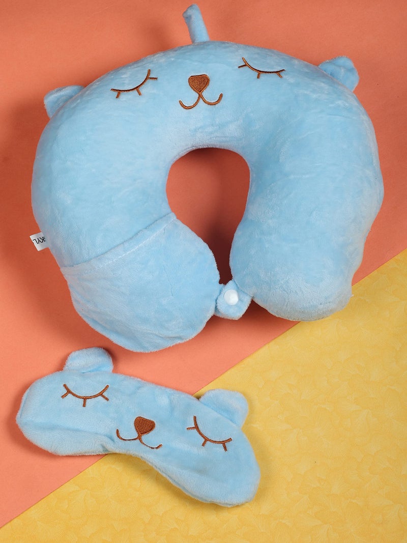 SKYLOFTS 100% Cotton Blue Neck Pillow for Boys Car, Train, Flight, Bus - Microfibre Travel Cushions with Sleeping Eye Mask- Kids - Image 2