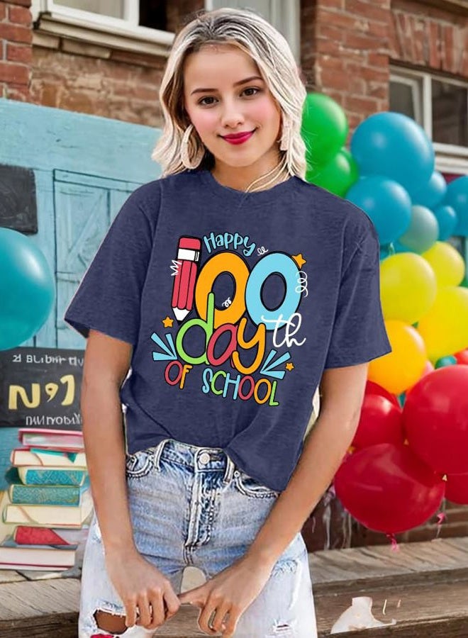 YHHR 100 Days of School Shirt Women 100th Day of School Teacher Tshirt Funny Back to School Prints Tees, Darkblue, XL - Image 3