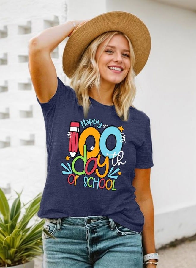 YHHR 100 Days of School Shirt Women 100th Day of School Teacher Tshirt Funny Back to School Prints Tees, Darkblue, XL - Image 2