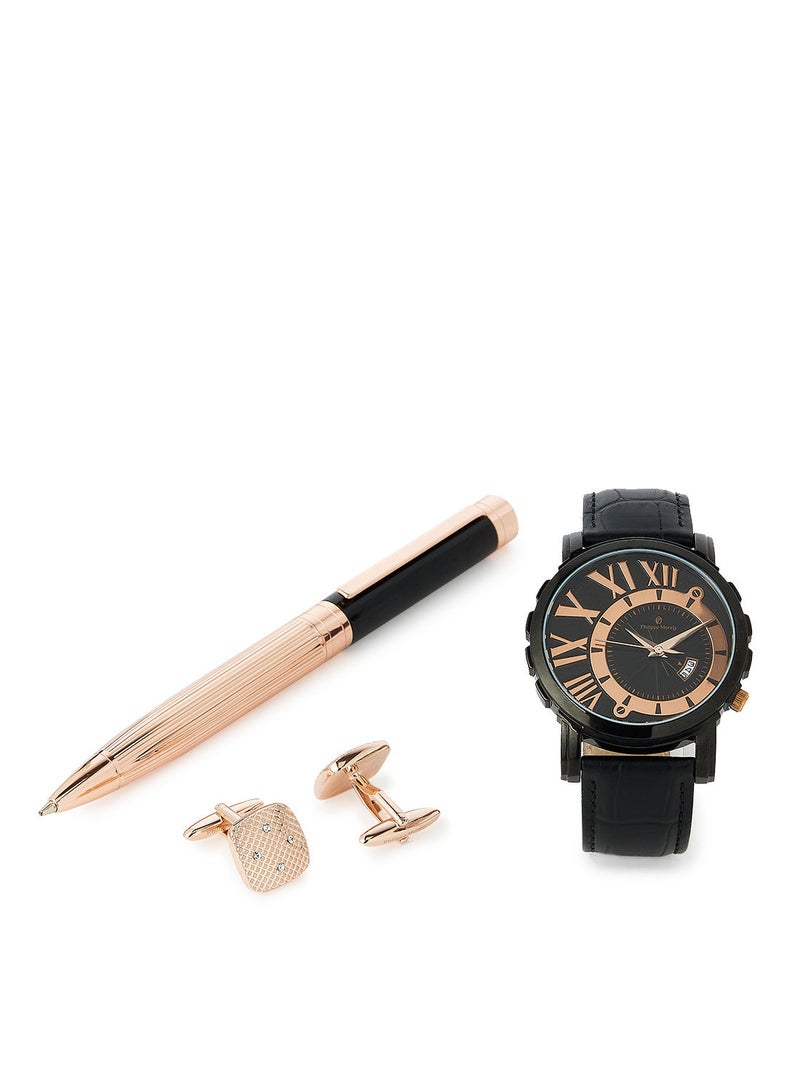 Philippe Moraly of Switzerland Gift Set Watch, Pen And Cufflinks L10171470084R - 43mm - Black  - Image 1
