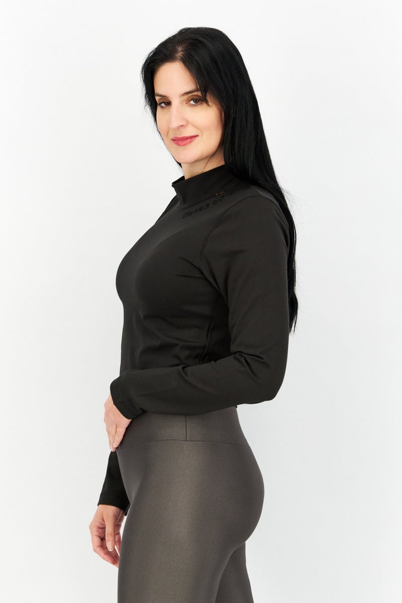 TRIBE OF 6 Women Mock Neck Long Sleeves Brand Logo Crop Top, Black - Image 3