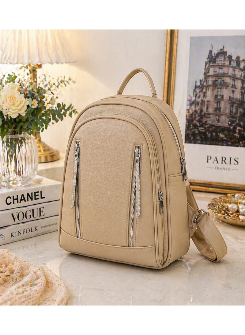 Elegant Multi-Zip Leather Backpack – Chic Everyday Travel & Fashion Bag for Women