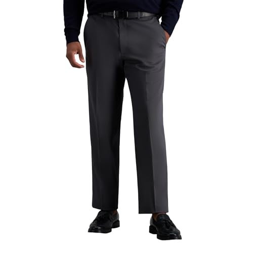 Haggar mens Premium No Iron Khaki Classic Fit Expandable Waist Flat Front Pant, Dark Grey, 34x29 - Image 1
