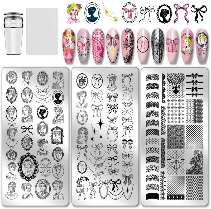 PH PandaHall 3pcs Retro Lady Portrait Nail Stamp Plates Bow Tie Nail Arts Templates Lace Ribbon Nails Art Stencils Vintage Style Nails Image Plates for Women DIY Manicures Salon Design Printing