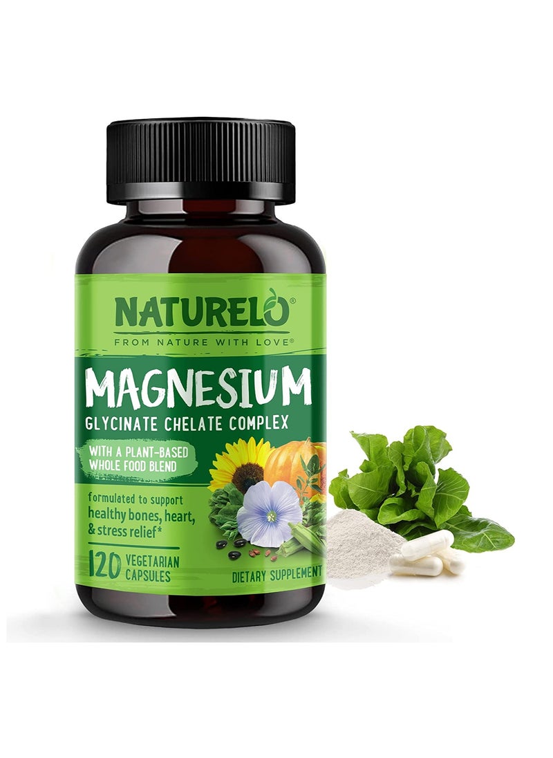 NATURELO مركب خلات جليسينات المغنيسيوم مع مزيج غذائي كامل نباتي مُصمم لدعم صحة العظام والقلب وتخفيف التوتر 120 كبسولة نباتية  - Image 1