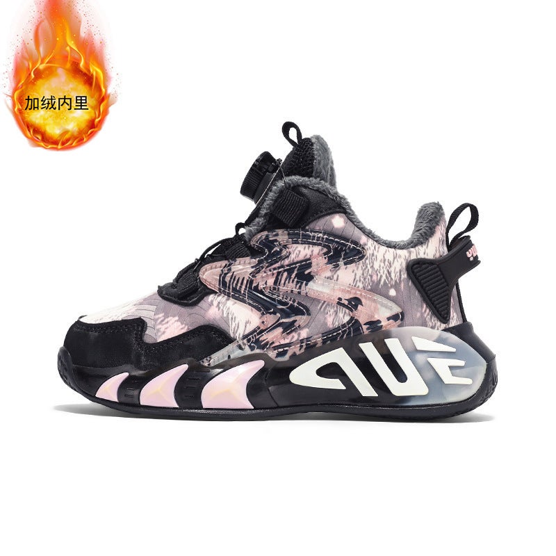 Children'S Sneaker Boys' Basketball Shoes Soft Sole Fleece-Lined Big Boys And Girls Screw Button All-Match Trend - Image 1