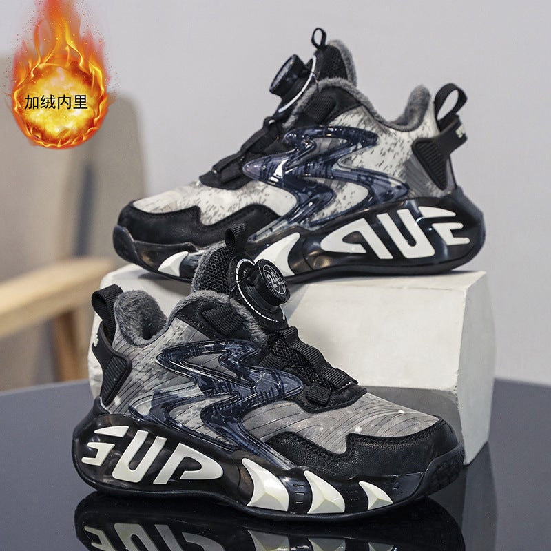Children'S Sneaker Boys' Basketball Shoes Soft Sole Fleece-Lined Big Boys And Girls Screw Button All-Match Trend - Image 2