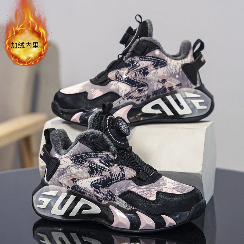 Children'S Sneaker Boys' Basketball Shoes Soft Sole Fleece-Lined Big Boys And Girls Screw Button All-Match Trend - Image 3