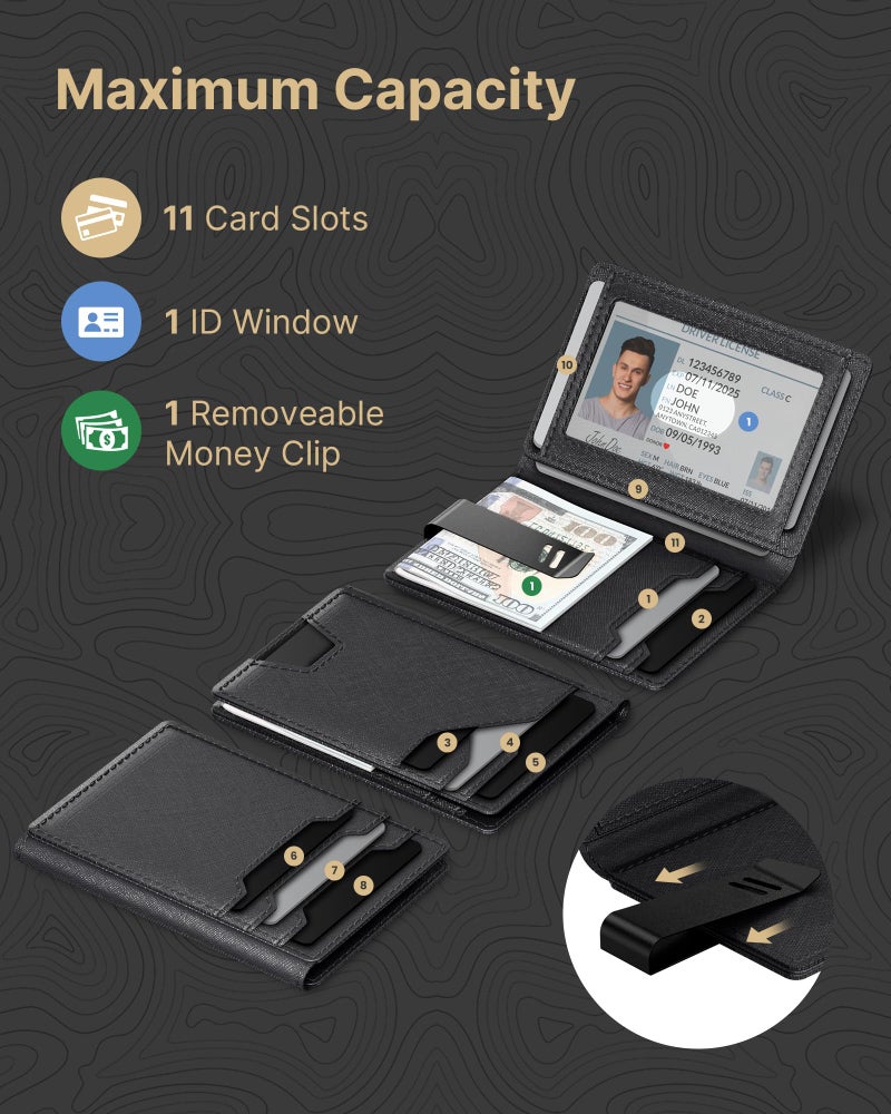 typecase محفظة جلدية من نوع تايب كيس للرجال لحمل البطاقات: جلد أصلي فاخر، حجب RFID، نحيفة، بسيطة، جيب أمامي - سعة 15 بطاقة | نافذة للهوية | مشبك للنقود (أسود) - Image 3