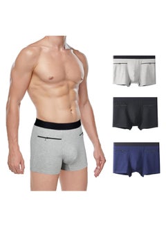 Men's Breathable Boxer Briefs with Hidden Pocket, 3 Pack Soft Moisture,Wicking Travel Underwear for Comfort (L)