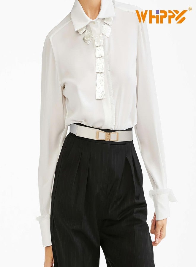 ويبي حزامان نسائيان رفيعان مطاطيان من WHIPPY، حزام خصر رفيع قابل للتمدد مع مشبك ذهبي للفساتين والبدلات، بني + أبيض، صغير - Image 5