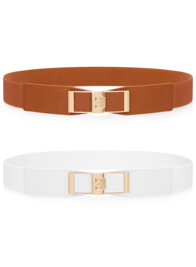 ويبي حزامان نسائيان رفيعان مطاطيان من WHIPPY، حزام خصر رفيع قابل للتمدد مع مشبك ذهبي للفساتين والبدلات، بني + أبيض، صغير - Image 1