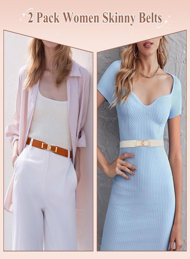 ويبي حزامان نسائيان رفيعان مطاطيان من WHIPPY، حزام خصر رفيع قابل للتمدد مع مشبك ذهبي للفساتين والبدلات، بني + أبيض، صغير - Image 3