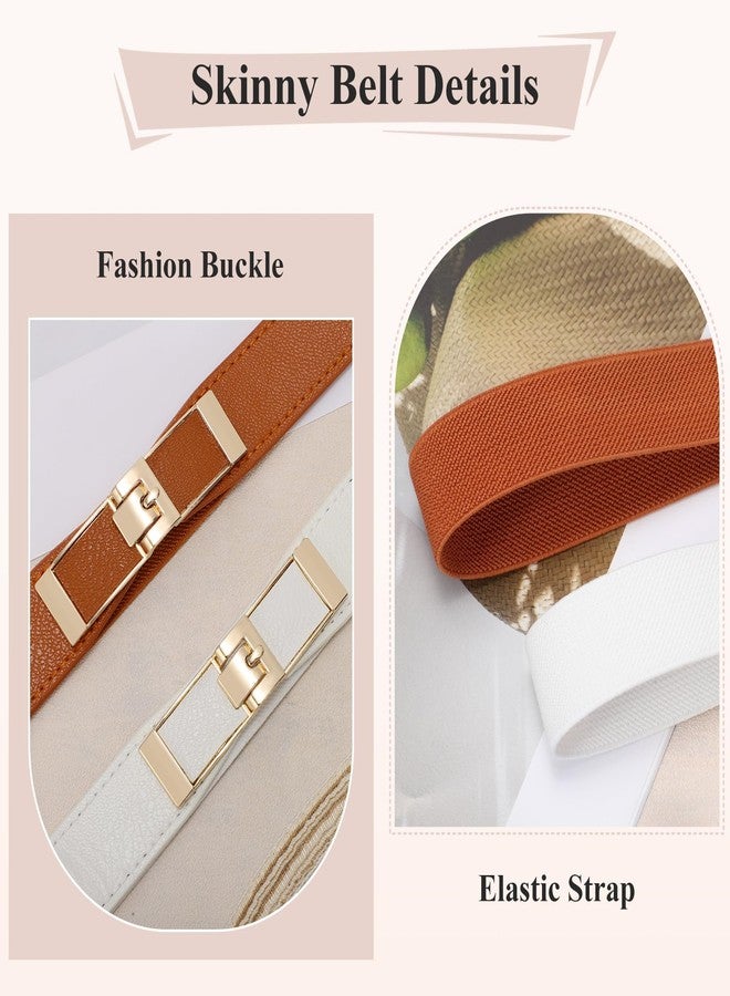 ويبي حزامان نسائيان رفيعان مطاطيان من WHIPPY، حزام خصر رفيع قابل للتمدد مع مشبك ذهبي للفساتين والبدلات، بني + أبيض، صغير - Image 4
