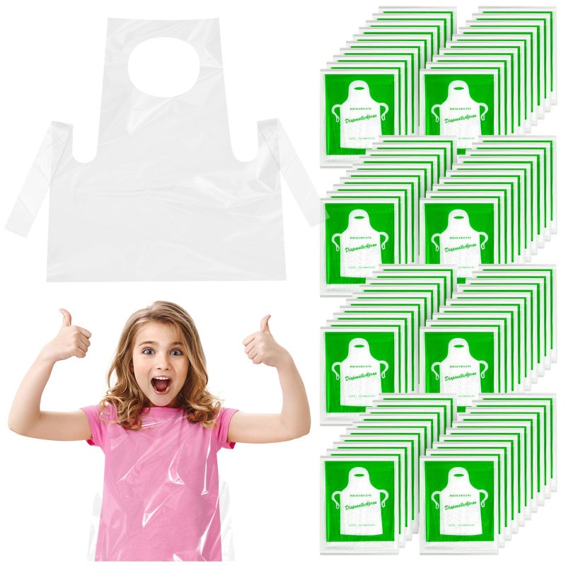 ZAUGONTW 100 Pcs Disposable Aprons for Kids - Clear Plastic Aprons Kids Art Disposable Waterproof Smocks for Painting, Cooking 4-12 - Image 1