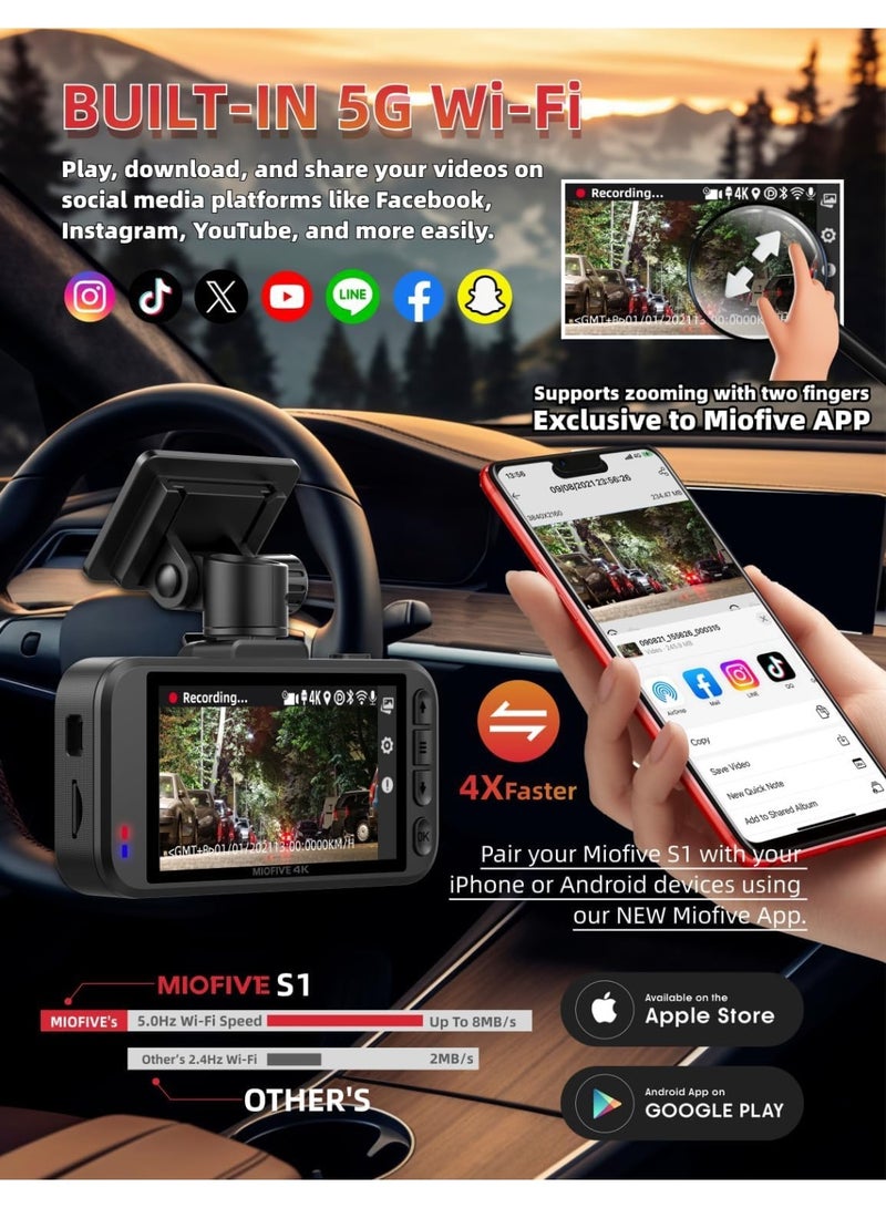 ميوفايف  كاميرا القيادة Miofive S1 4K للسيارة مع نظام تحديد الموقع GPS وتنبيهات السرعة - Image 3