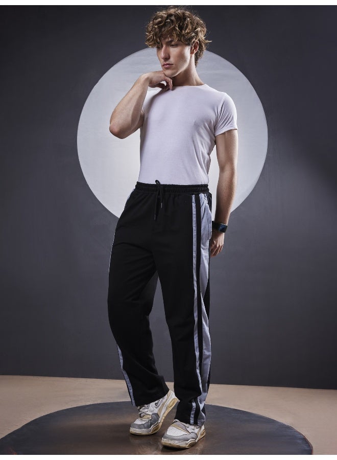 Maniac Mens ColorBlock Black and Grey Cotton Trackpant