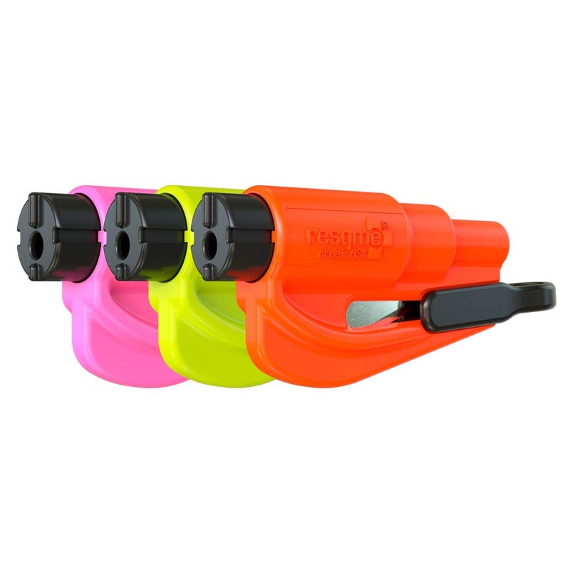 RESQME The Original Emergency Keychain Car Escape Tool, 2-in-1 Seatbelt Cutter and Window Breaker, Made in USA, Family Pack of 3, Orange, Yellow, Pink - Compact Emergency Hammer