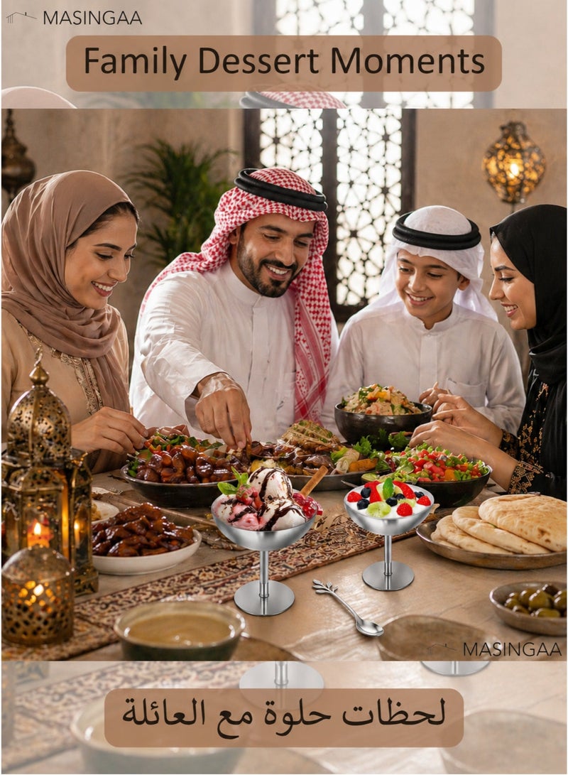 ماساجا ٤ أكواب آيس كريم مع ٤ ملاعق، وعاء حلوى متعدد الاستخدامات من الفولاذ المقاوم للصدأ مع ملاعق على شكل أوراق، كوب فواكه، قاعدة ثابتة من الفولاذ المقاوم للصدأ الآمن غذائيًا، كوب حلوى قابل لإعادة الاستخدام، وعاء آيس كريم، مناسب لشاي ما بعد الظهيرة والبودينغ والوجبات الخفيفة وحفلات المناسبات - Image 3