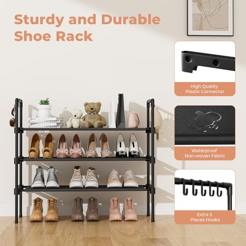 LANTEFUL 3 Tier Shoe Rack with 5 Hooks for Closet, Entryway, Garage, Small Spaces & Dorm, Stackable Free Standing Long Shoe Shelf Storage & Organizer for Sneaker and Boot, Black, 27.8"W - Image 4