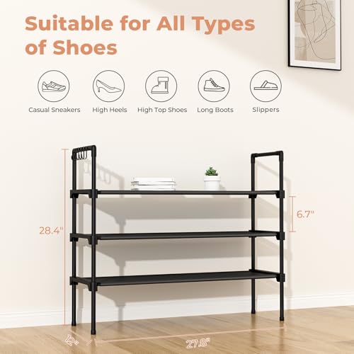 LANTEFUL 3 Tier Shoe Rack with 5 Hooks for Closet, Entryway, Garage, Small Spaces & Dorm, Stackable Free Standing Long Shoe Shelf Storage & Organizer for Sneaker and Boot, Black, 27.8"W - Image 3
