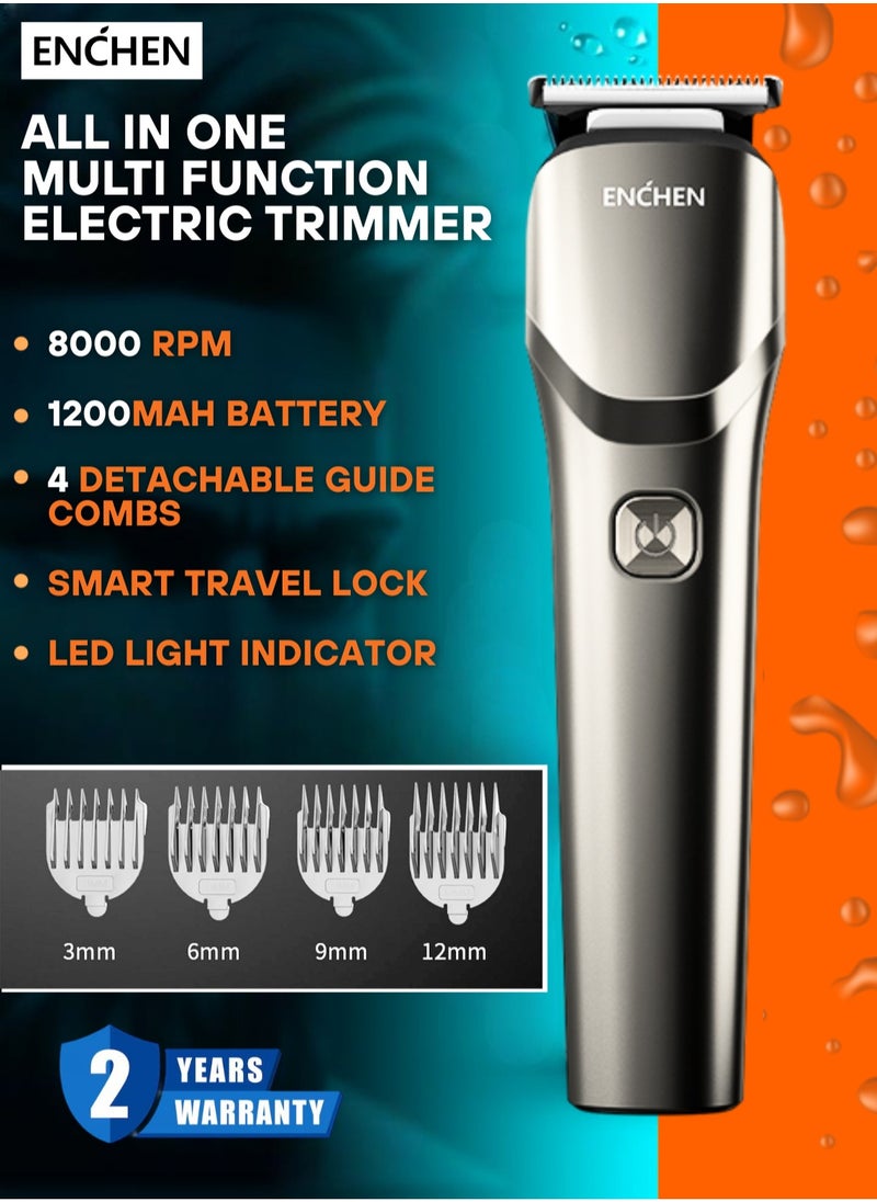 ENCHEN All in One Multi Function Electric Trimmer With 1200mah Battery Life,Four Detachable Guide Combs and Smart Travel Lock Function - Grey - Beardo 2  - Image 2