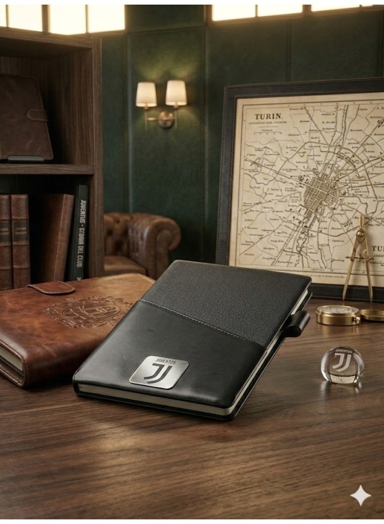 Premium Black Leather Notebook with Metal Juventus Logo – Elegant Business Journal with Pen Holder - Image 4