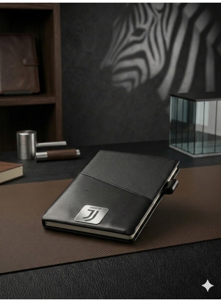 Premium Black Leather Notebook with Metal Juventus Logo – Elegant Business Journal with Pen Holder - Image 3