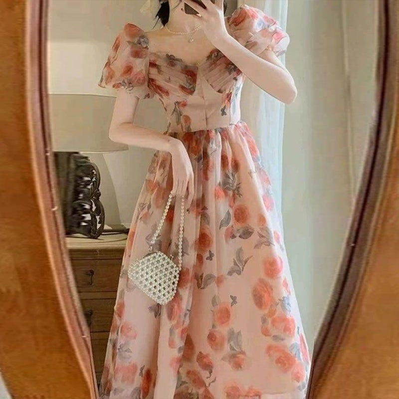 2024 Summer New Womens Princess Dress Tea Break Floral Long Dress Bubble Sleeve Printed Fairy Pink Dress Women Picture color * 8027