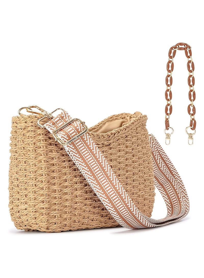 KASTWAVE Summer Straw Crossbody Bag for Women, Bohemian Style Chic Handmade Woven Bag, Beach Straw ShoulderBag Handbags with Chain & Guitar Strap - Image 1