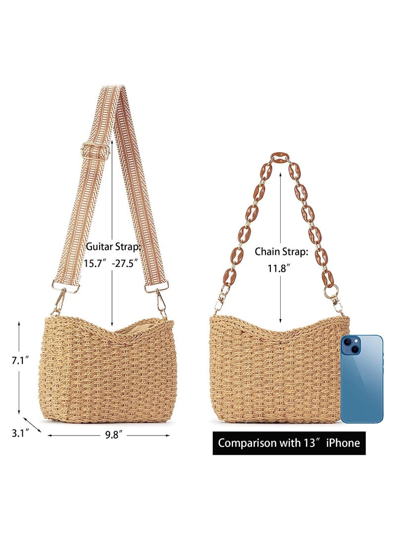 KASTWAVE Summer Straw Crossbody Bag for Women, Bohemian Style Chic Handmade Woven Bag, Beach Straw ShoulderBag Handbags with Chain & Guitar Strap - Image 3