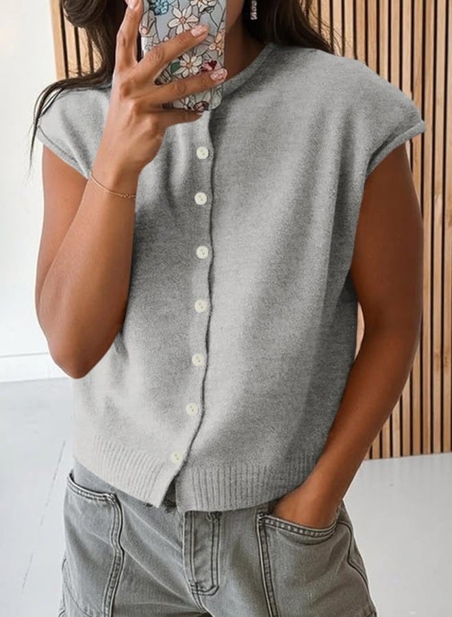 Cicy Bell Womens Cap Sleeve Sweater Round Neck Button Down Cardigan Trendy Casual Knit Tank Tops, Grey, M - Image 2