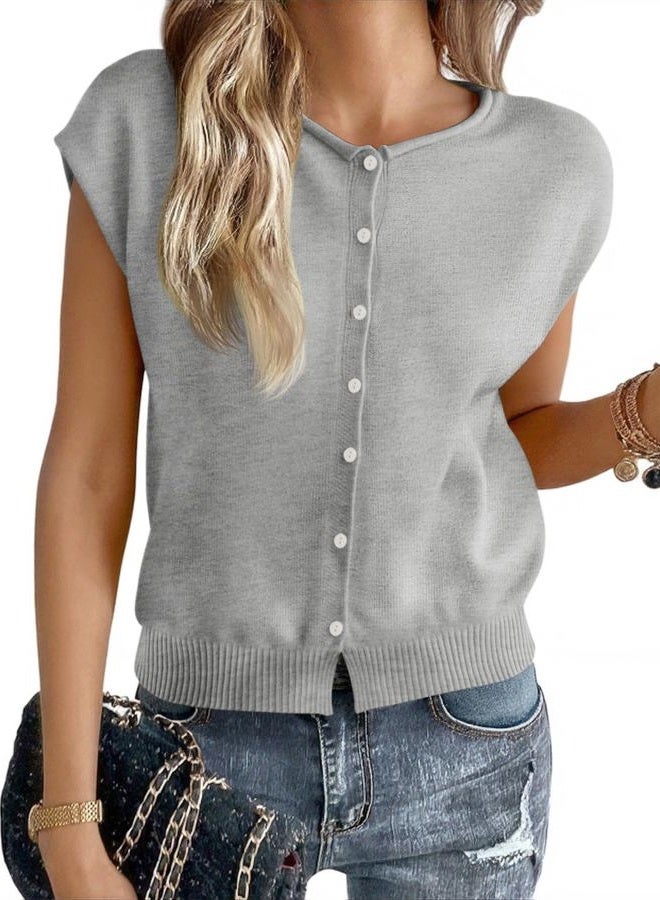 Cicy Bell Womens Cap Sleeve Sweater Round Neck Button Down Cardigan Trendy Casual Knit Tank Tops, Grey, M - Image 1
