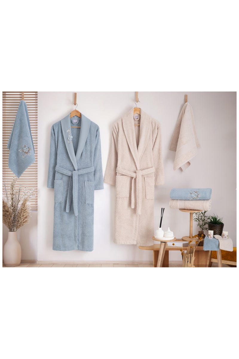 نورباك مجموعة هدايا فاخرة للأزواج من 10 قطع، مناشف حمام/يد وأردية حمام مصنوعة من القطن التركي بنسبة 100%، أردية حمام عائلية فاخرة، مجموعة هدايا لحفلات الزفاف المعطرة، مجموعة هدايا للمتزوجين حديثًا، أزرق مخضر/بيج - Image 2