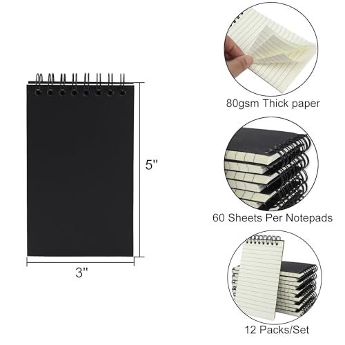 Aacehlh 12 Pack Pocket Notebooks, 3x5 Small Notepads, Mini Spiral Notebooks, 60 Sheets/120 Pages,Lined College Ruled Paper, Memo Pads for Home, Office, School or Travel (Black) - Image 2