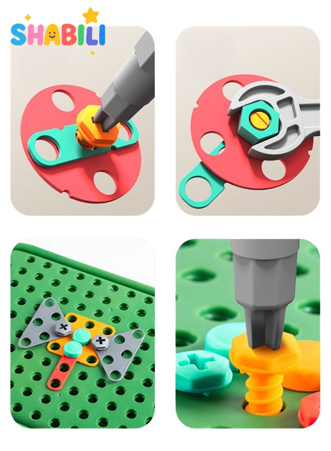 SHABILI 230 Pcs Montessori STEM Drill Toy Toolbox for Kids Aged 3 Plus Electric Screwdriver with Dual Bits 2D and 3D Puzzle Board Engineering Construction Building Blocks Kit AA Batteries Not Included - Image 4