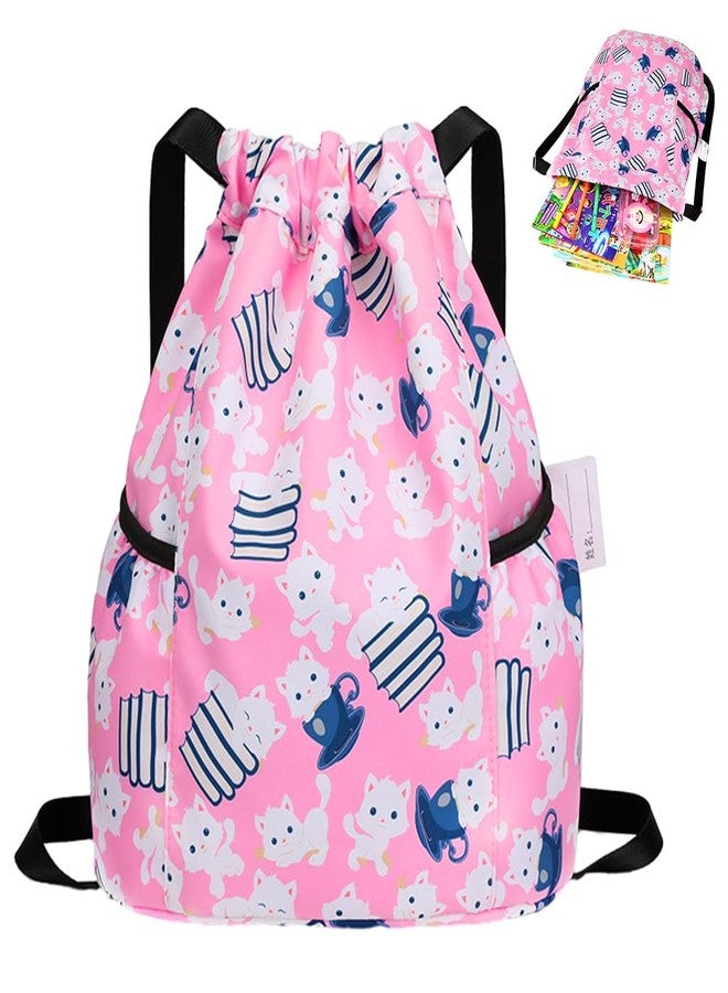 PALAY® Drawstring Backpack - Kids Pink Cartoon Print Nylon Drawstring Backpack with Adjustable Shoulder Strap - Waterproof Travel & Activity Bag - Image 1