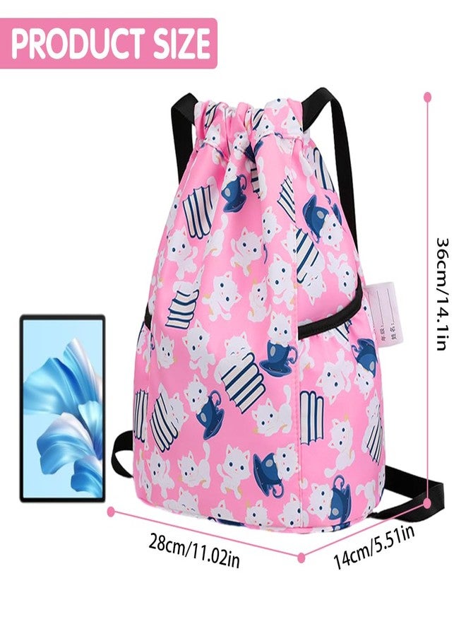 PALAY® Drawstring Backpack - Kids Pink Cartoon Print Nylon Drawstring Backpack with Adjustable Shoulder Strap - Waterproof Travel & Activity Bag - Image 2