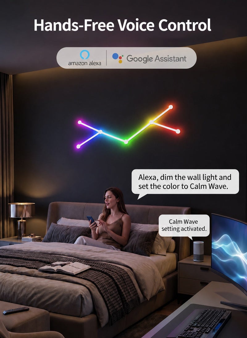 خطوط إضاءة جدارية ذكية، قضبان إضاءة LED RGB بتقنية واي فاي، أكثر من 16 مليون لون قابلة للتعتيم ومتزامنة مع الموسيقى، قضبان إضاءة ديكورية منزلية قابلة للتعديل للعشاق الألعاب والحفلات والبث المباشر، متوافقة مع أليكسا ومساعد جوجل (6 خطوط، لون أبيض) - Image 4