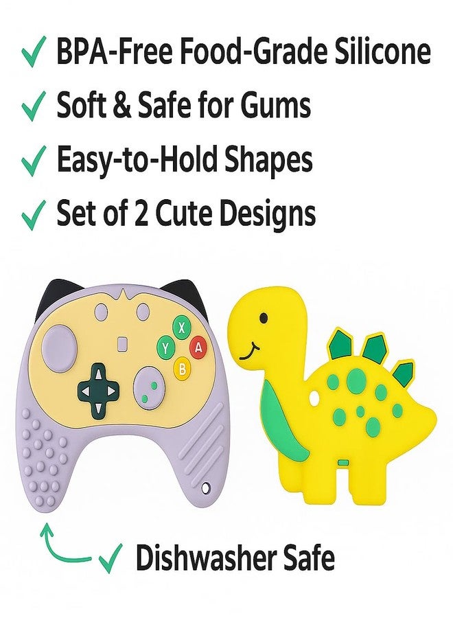 DTR Creation Silicone Baby Teether Pack of 2 – Cute Yellow Dinosaur Teether & Gamepad Shape | BPA-Free, Food-Grade, Soft & Chewable | Teething Toy for Infants & Toddlers (0–3 Years) - Image 3